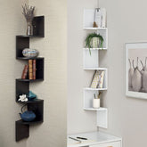5 - Tier Corner Wall Shelf | Laminated MDF Space - Saving Display Rack – White, Black & Brown - Mini Wood Craft