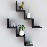 2 - Piece Zigzag Wall Shelf | Laminated MDF Floating Display Rack – White, Black & Brown - Mini Wood Craft