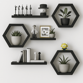 Modern Floating Wall Shelves Set – Hexagon & Rectangle Design | Decorative Display Shelves for Living Room & Bedroom | Wooden Wall Storage (Black / White / Brown) - Mini Wood Craft