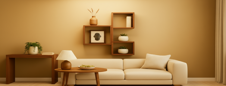 Living room with beige sofa, wooden coffee table, and wall shelves with decorative items.
