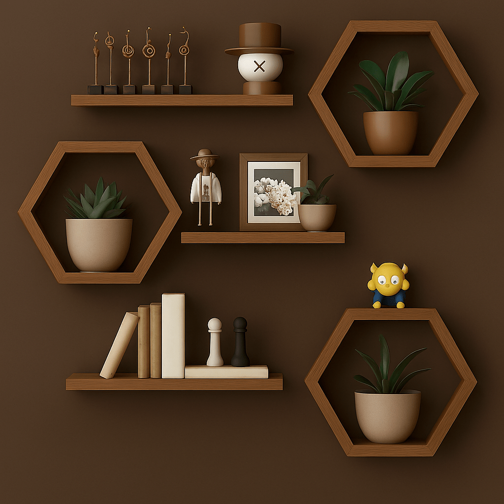 Modern Floating Wall Shelves Set – Hexagon & Rectangle Design | Decorative Display Shelves for Living Room & Bedroom | Wooden Wall Storage (Black / White / Brown) - Mini Wood Craft