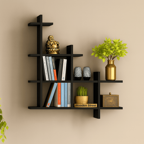 Modern Geometric Wall Bookshelf | Laminated MDF Display Rack – White, Black & Brown - Mini Wood Craft