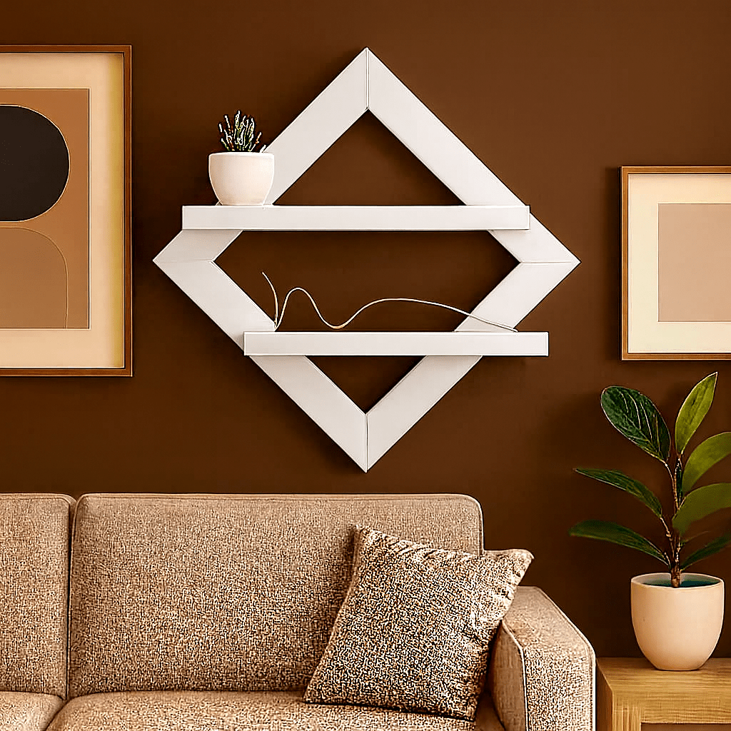 Modern Geometric Wooden Wall Shelf – Diamond Shape Floating Shelf for Home Décor | Minimalist Living Room Wall Art Storage Rack - Mini Wood Craft