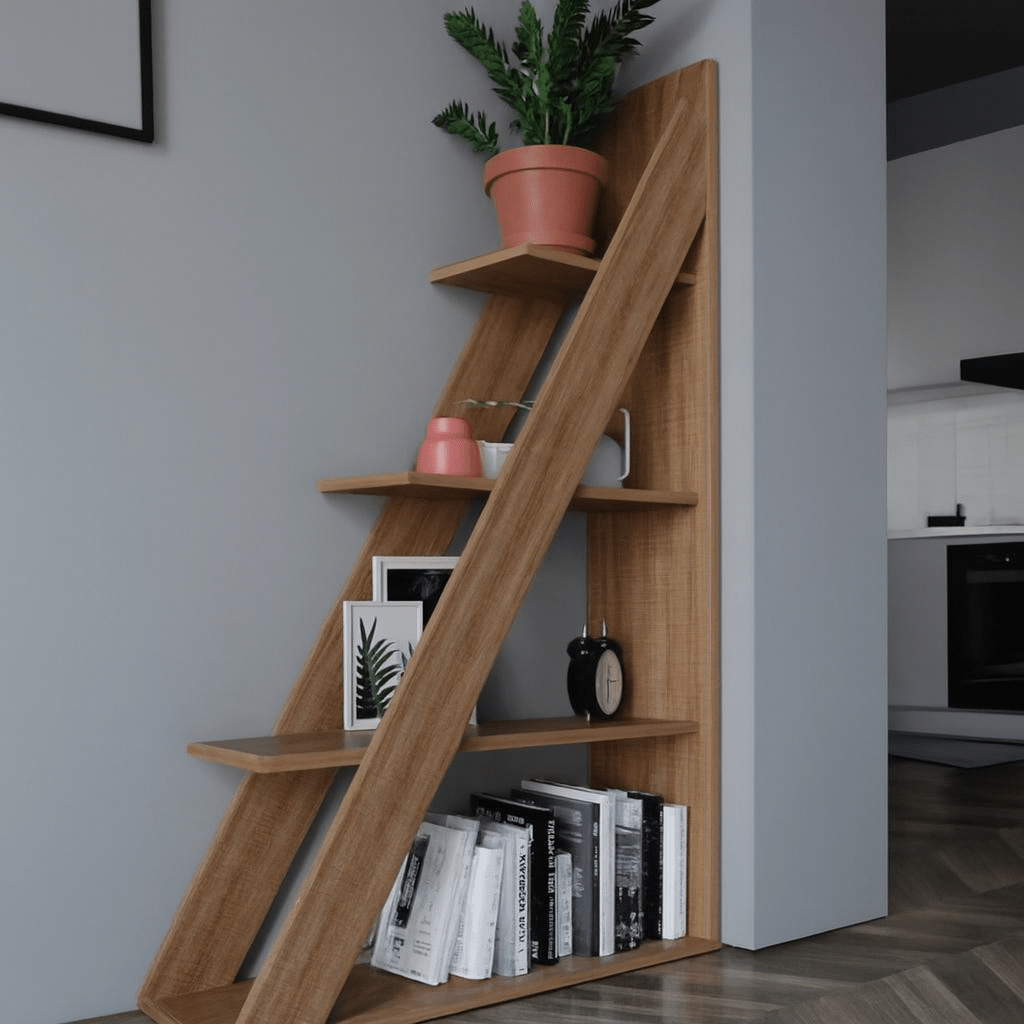 Modern Wooden Ladder Shelf – Space - Saving Corner Bookcase | Decorative Multi - Tier Storage Rack for Home & Office - Mini Wood Craft