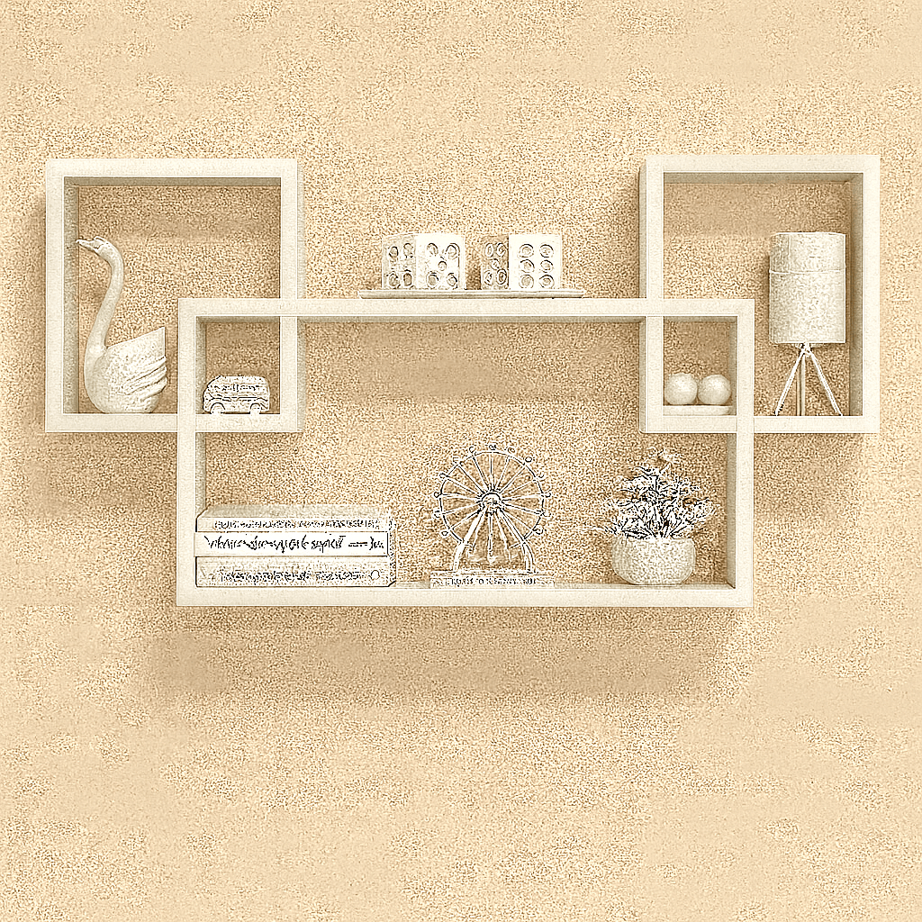 3 - Piece Geometric Wall Shelf Set | Laminated MDF Floating Display Racks – White, Black & Brown - Mini Wood Craft