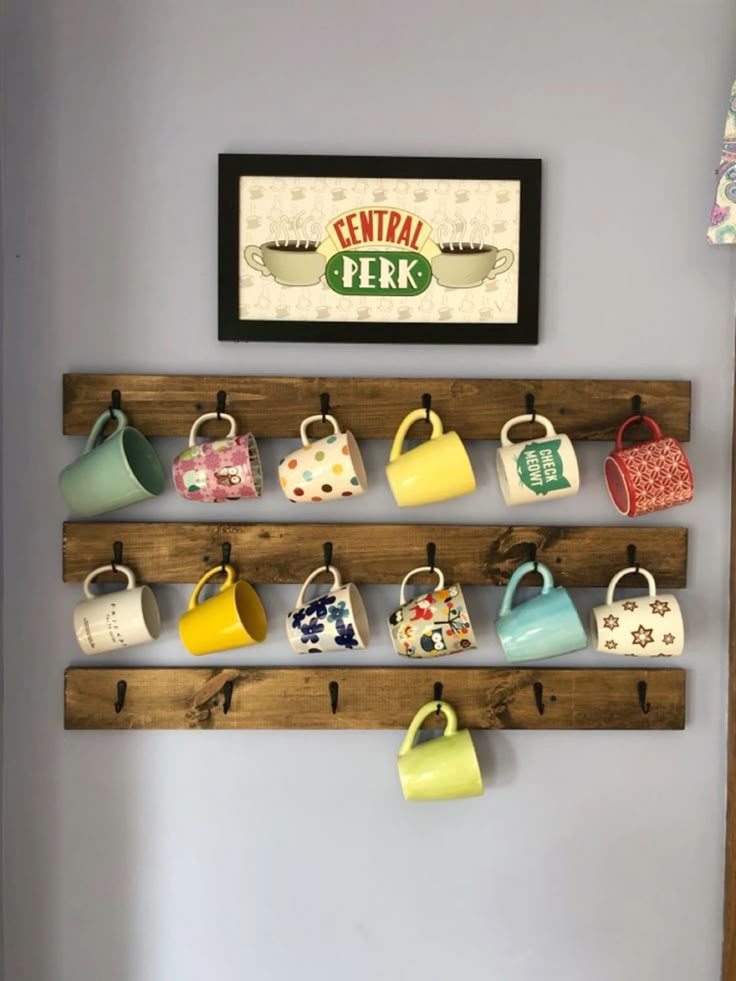Wall Mounted Mug Holder Rack | Wooden Cup Hanger with Hooks for Kitchen & Café Storage - Mini Wood Craft