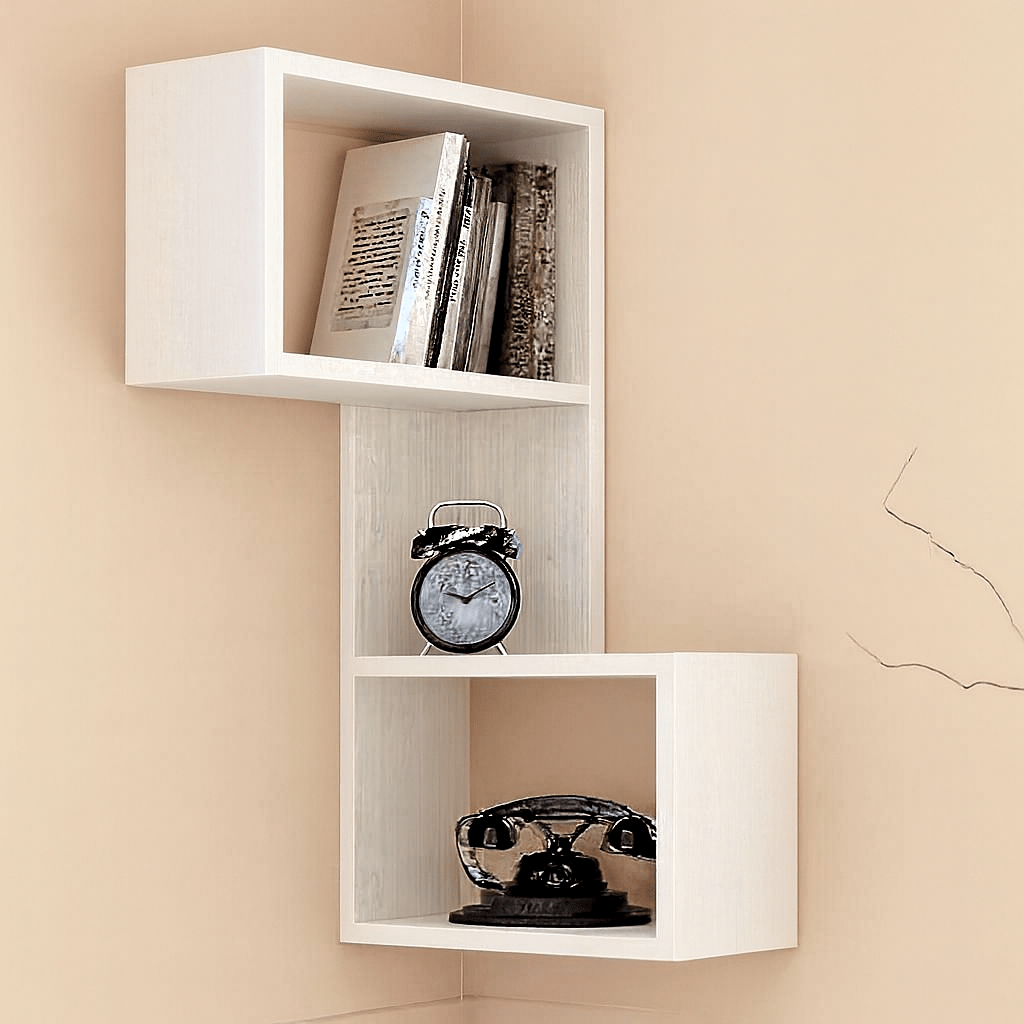 Modern Wooden Corner Wall Shelf – Premium Display Rack for Home & Office | Available in Brown, Beige, Black & White | Space - Saving Storage Shelf - Mini Wood Craft