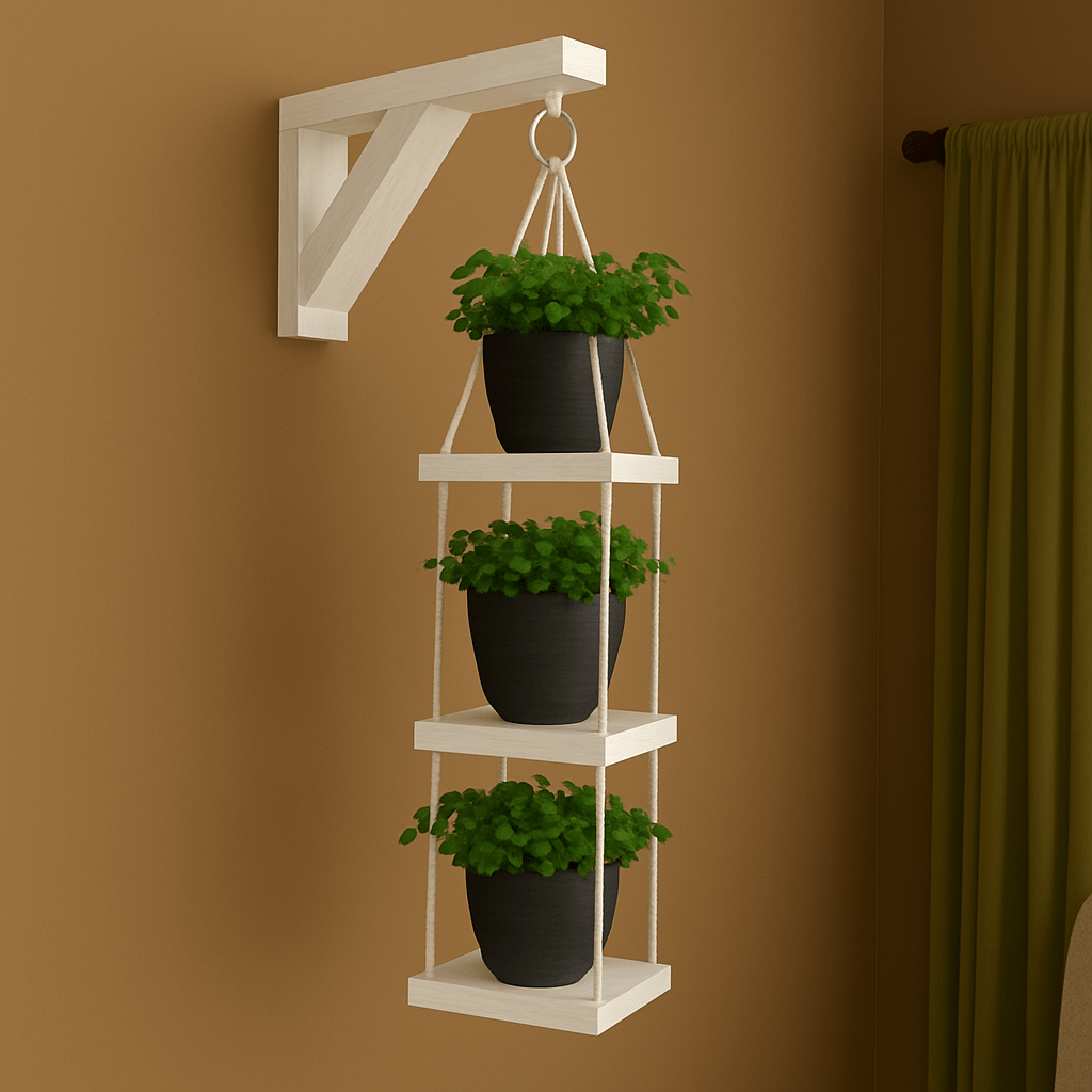 Modern 3 - Tier Hanging Wall Shelf with Planters – Space - Saving Indoor Plant Holder for Home Decor - Mini Wood Craft