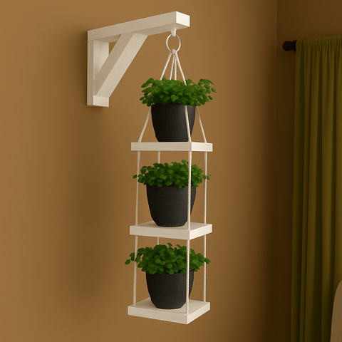 Modern 3 - Tier Hanging Wall Shelf with Planters – Space - Saving Indoor Plant Holder for Home Decor - Mini Wood Craft