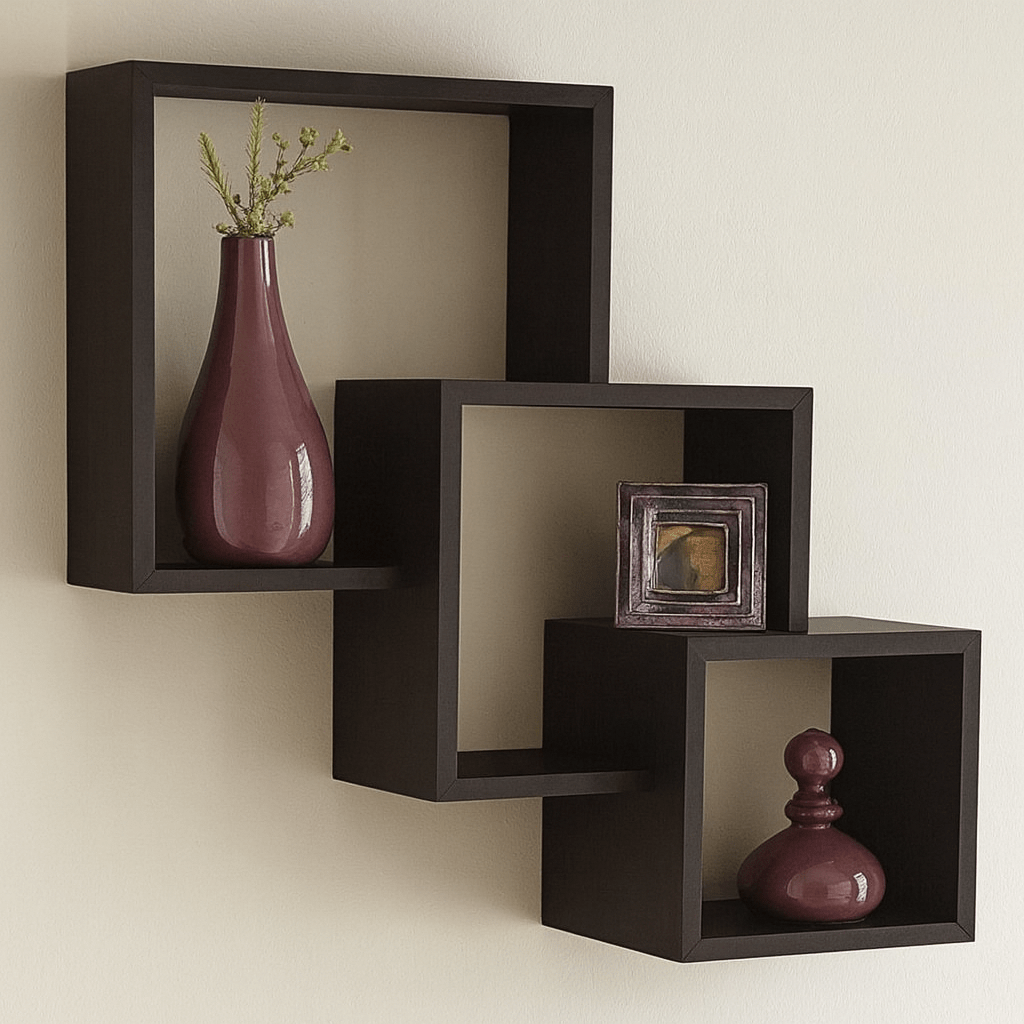 3 - Tier Cube Wall Shelf | Laminated MDF Floating Display Rack – White, Black & Brown - Mini Wood Craft