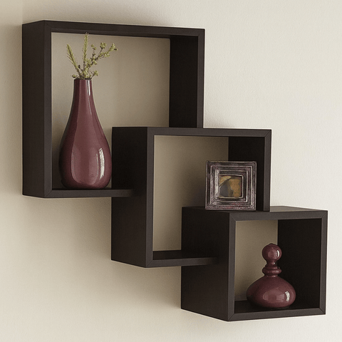 3 - Tier Cube Wall Shelf | Laminated MDF Floating Display Rack – White, Black & Brown - Mini Wood Craft