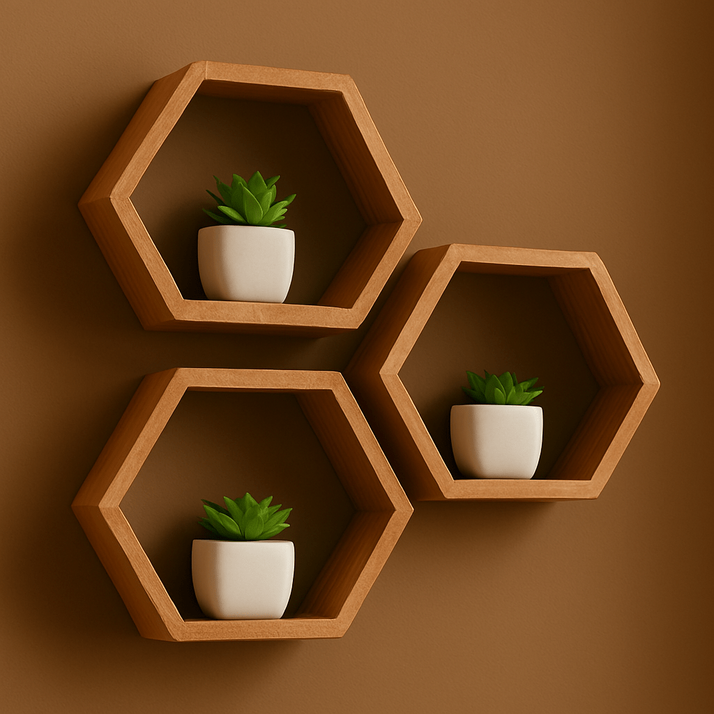 Hexagon Wooden Wall Shelves – Modern Home Decor | Floating Wall Shelf Set for Living Room, Bedroom & Office | Mini Wood Craft Pakistan - Mini Wood Craft