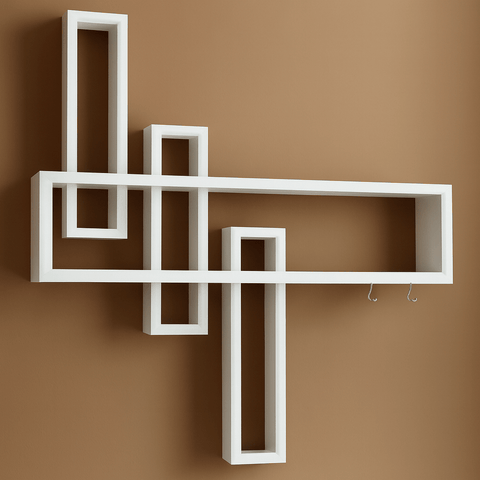 Modern Geometric Wall Shelf – Wooden Floating Wall Rack for Home Décor, Living Room & Office | Available in White, Black & Beige - Mini Wood Craft