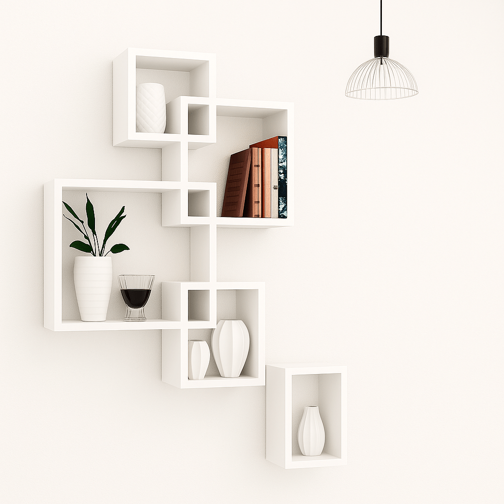 Modern Geometric Wall Shelf | Laminated MDF Floating Display Rack – White, Black & Brown - Mini Wood Craft