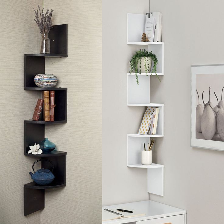 5 - Tier Corner Wall Shelf | Laminated MDF Space - Saving Display Rack – White, Black & Brown - Mini Wood Craft