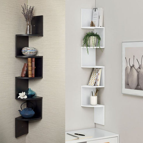 5 - Tier Corner Wall Shelf | Laminated MDF Space - Saving Display Rack – White, Black & Brown - Mini Wood Craft