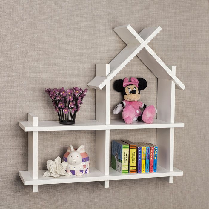 House - Shaped Wall Shelf | Laminated MDF Kids Display Rack – White, Black & Brown - Mini Wood Craft