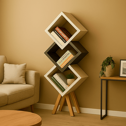 Modern Zigzag Wooden Bookshelf | Multi - Tier Floor Standing Display Rack for Home & Office - Mini Wood Craft