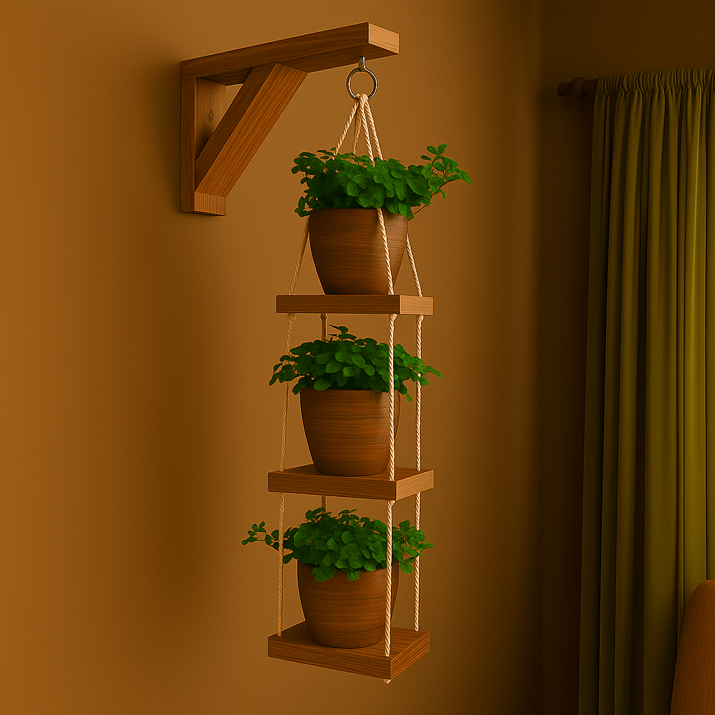 Modern 3 - Tier Hanging Wall Shelf with Planters – Space - Saving Indoor Plant Holder for Home Decor - Mini Wood Craft