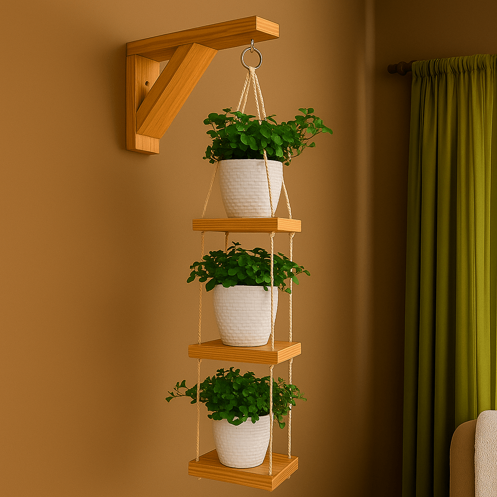 Modern 3 - Tier Hanging Wall Shelf with Planters – Space - Saving Indoor Plant Holder for Home Decor - Mini Wood Craft