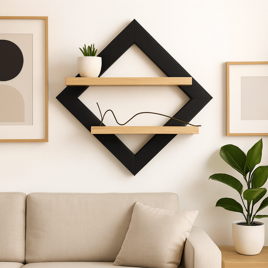 Modern Geometric Wooden Wall Shelf – Diamond Shape Floating Shelf for Home Décor | Minimalist Living Room Wall Art Storage Rack - Mini Wood Craft