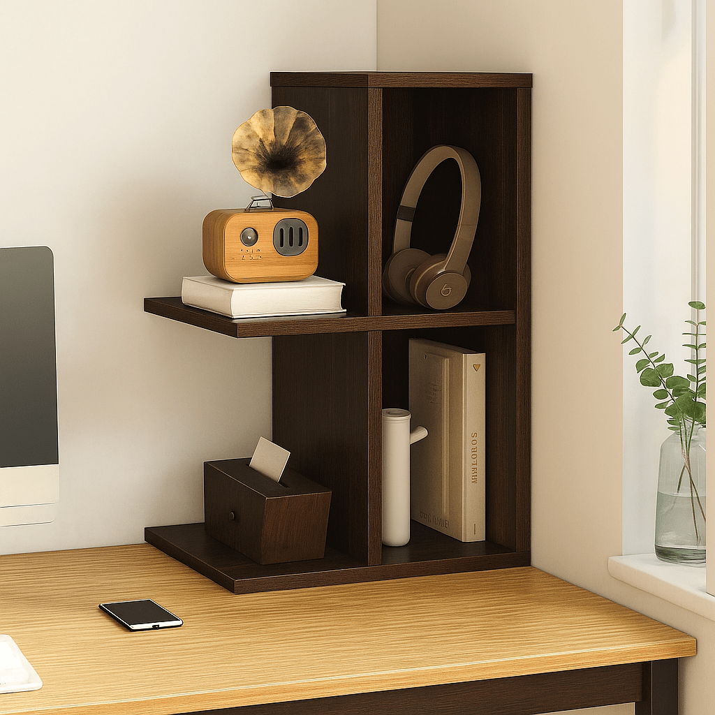 Modern Desk Organizer Shelf – Multi - Layer Tabletop Storage Rack for Books, Office Accessories & Home Décor | Space - Saving Stylish Desktop Shelf - Mini Wood Craft