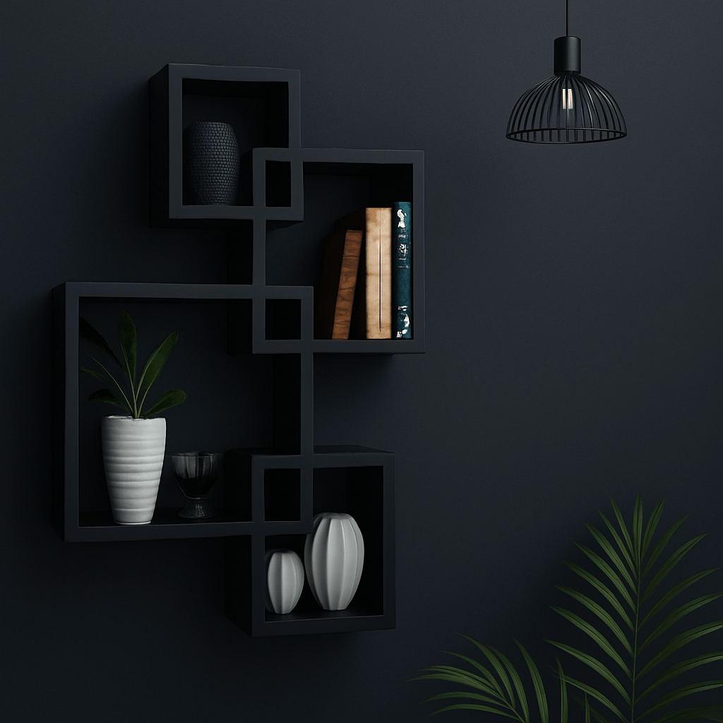 Modern Geometric Wall Shelf | Laminated MDF Floating Display Rack – White, Black & Brown - Mini Wood Craft