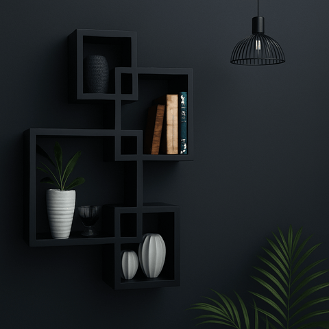 Modern Geometric Wall Shelf | Laminated MDF Floating Display Rack – White, Black & Brown - Mini Wood Craft