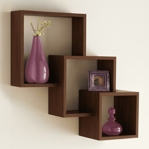 3 - Tier Cube Wall Shelf | Laminated MDF Floating Display Rack – White, Black & Brown - Mini Wood Craft