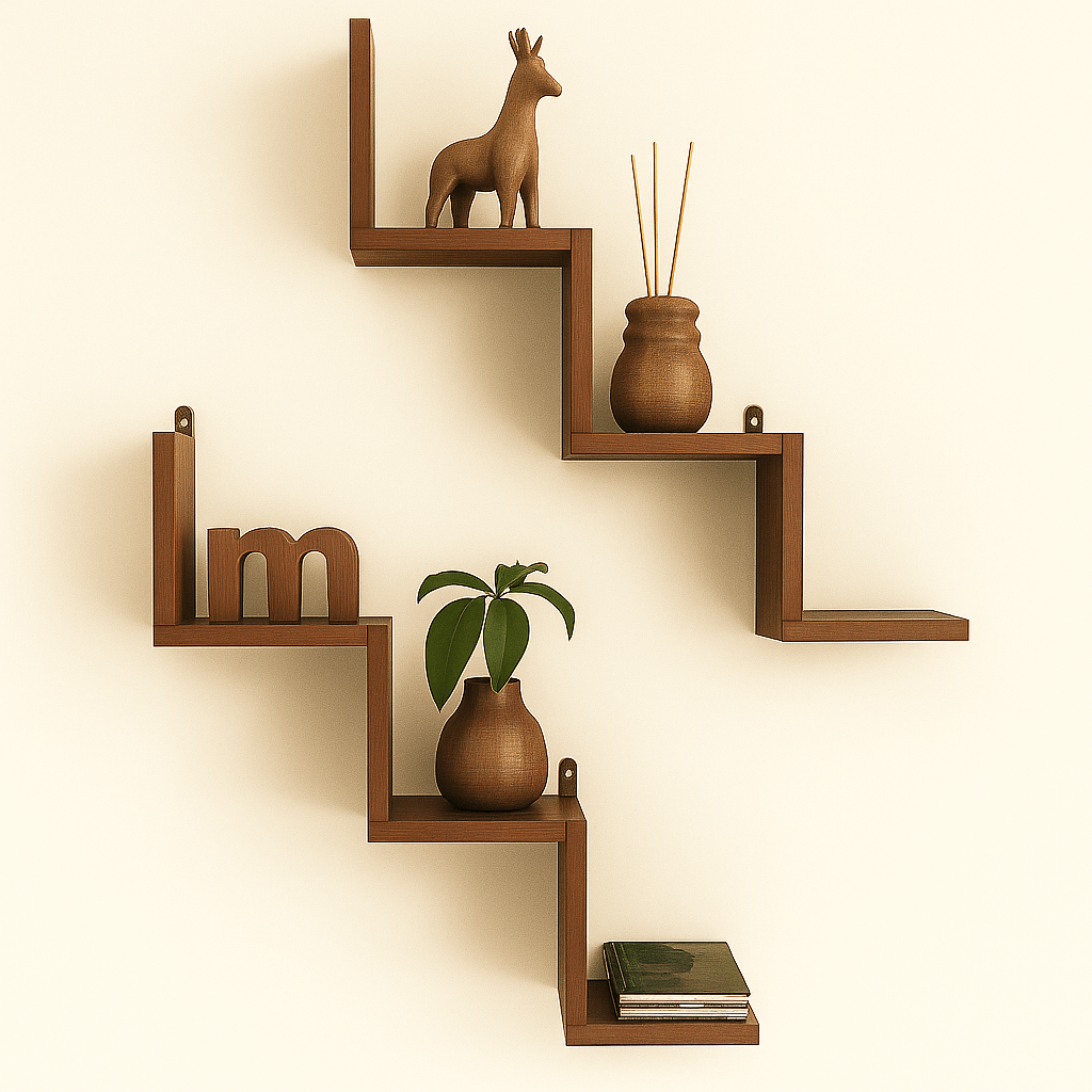 2 - Piece Zigzag Wall Shelf | Laminated MDF Floating Display Rack – White, Black & Brown - Mini Wood Craft