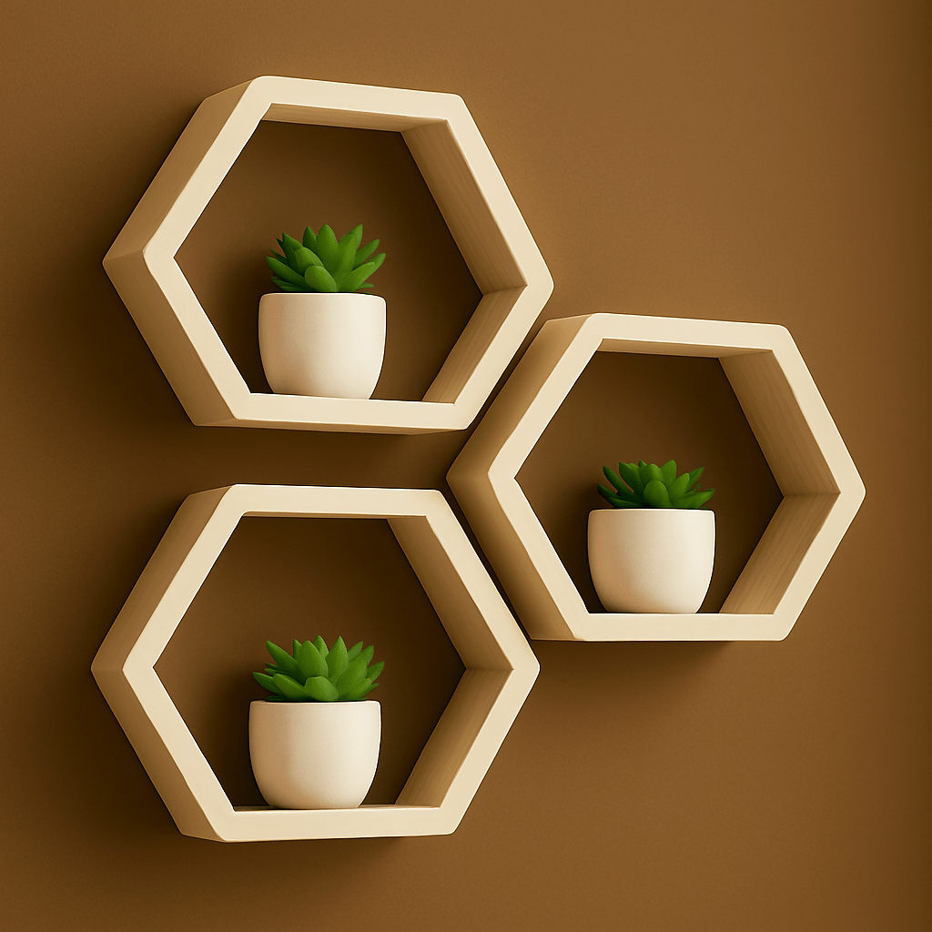 Hexagon Wooden Wall Shelves – Modern Home Decor | Floating Wall Shelf Set for Living Room, Bedroom & Office | Mini Wood Craft Pakistan - Mini Wood Craft