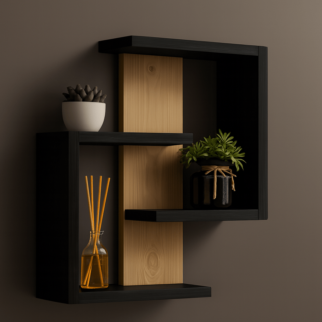 Modern Floating Wall Shelf – Minimalist Geometric Wooden Display for Living Room, Bedroom, Entryway – Black, White, Brown - Mini Wood Craft