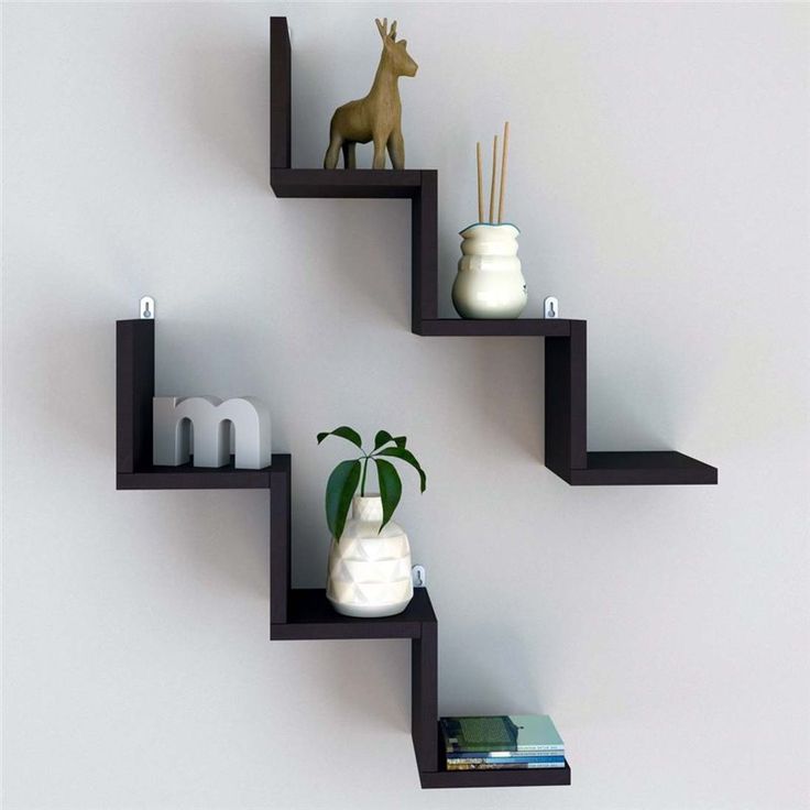 2 - Piece Zigzag Wall Shelf | Laminated MDF Floating Display Rack – White, Black & Brown - Mini Wood Craft