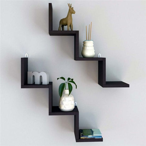 2 - Piece Zigzag Wall Shelf | Laminated MDF Floating Display Rack – White, Black & Brown - Mini Wood Craft