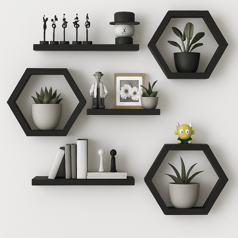 Modern Floating Wall Shelves Set – Hexagon & Rectangle Design | Decorative Display Shelves for Living Room & Bedroom | Wooden Wall Storage (Black / White / Brown) - Mini Wood Craft