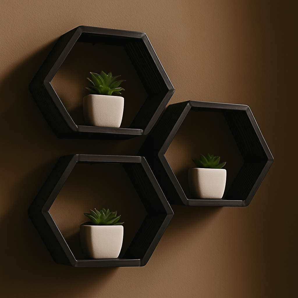 Hexagon Wooden Wall Shelves – Modern Home Decor | Floating Wall Shelf Set for Living Room, Bedroom & Office | Mini Wood Craft Pakistan - Mini Wood Craft