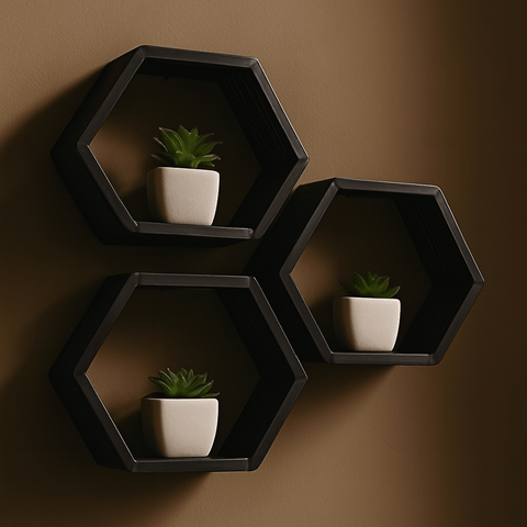 Hexagon Wooden Wall Shelves – Modern Home Decor | Floating Wall Shelf Set for Living Room, Bedroom & Office | Mini Wood Craft Pakistan - Mini Wood Craft