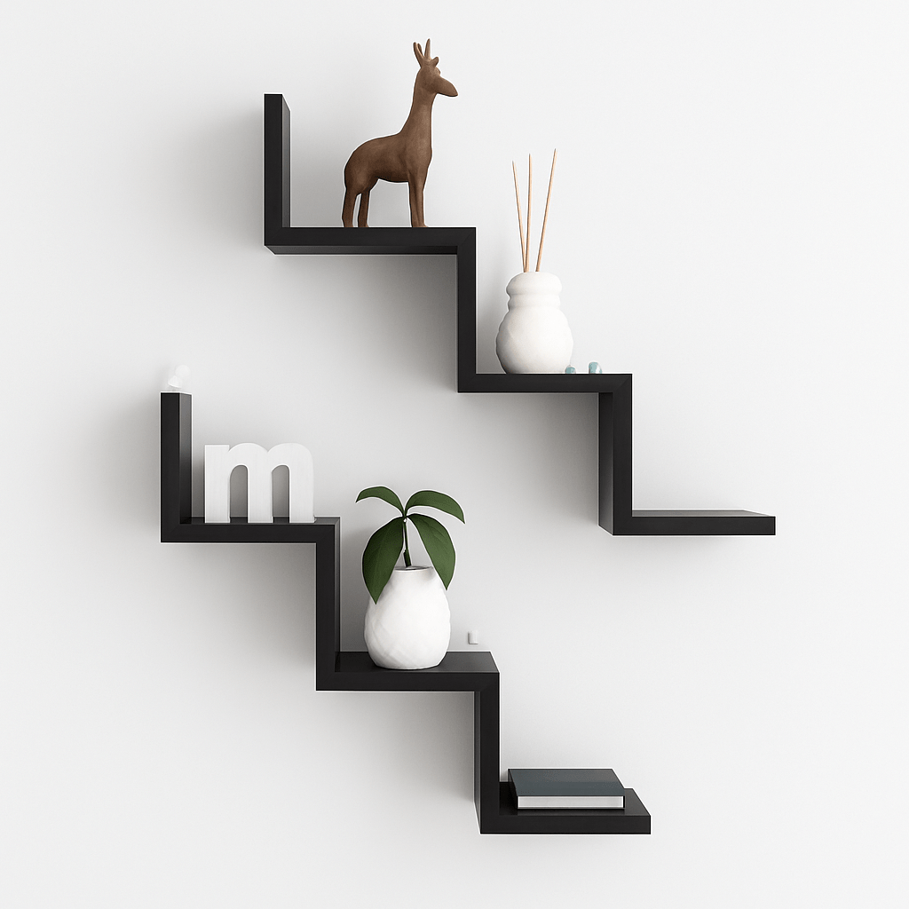 2 - Piece Zigzag Wall Shelf | Laminated MDF Floating Display Rack – White, Black & Brown - Mini Wood Craft