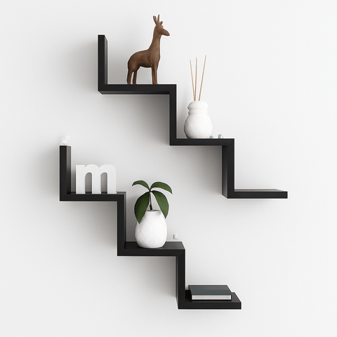 2 - Piece Zigzag Wall Shelf | Laminated MDF Floating Display Rack – White, Black & Brown - Mini Wood Craft