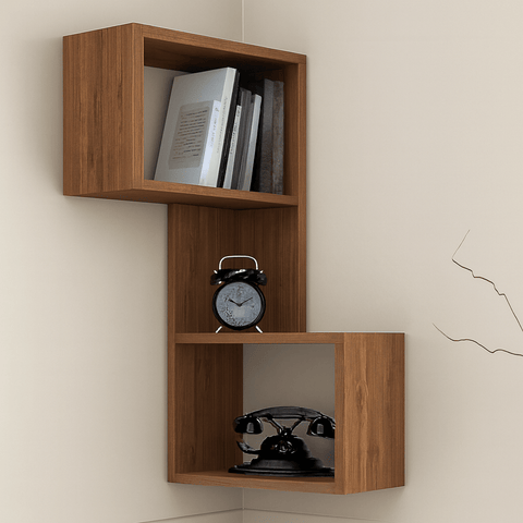 Modern Wooden Corner Wall Shelf – Premium Display Rack for Home & Office | Available in Brown, Beige, Black & White | Space - Saving Storage Shelf - Mini Wood Craft