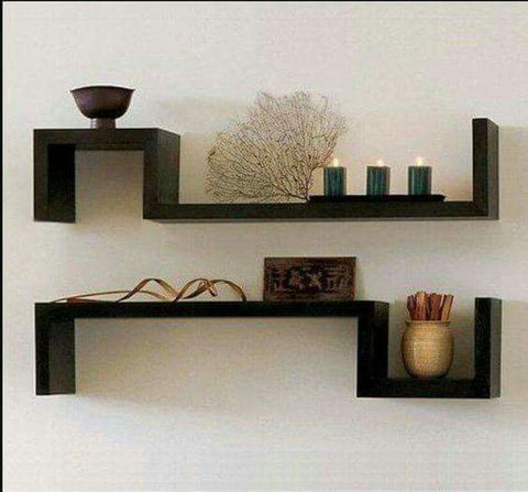 2 - Piece Zigzag Wall Shelf Set | Laminated MDF Floating Racks – White, Black & Brown - Mini Wood Craft