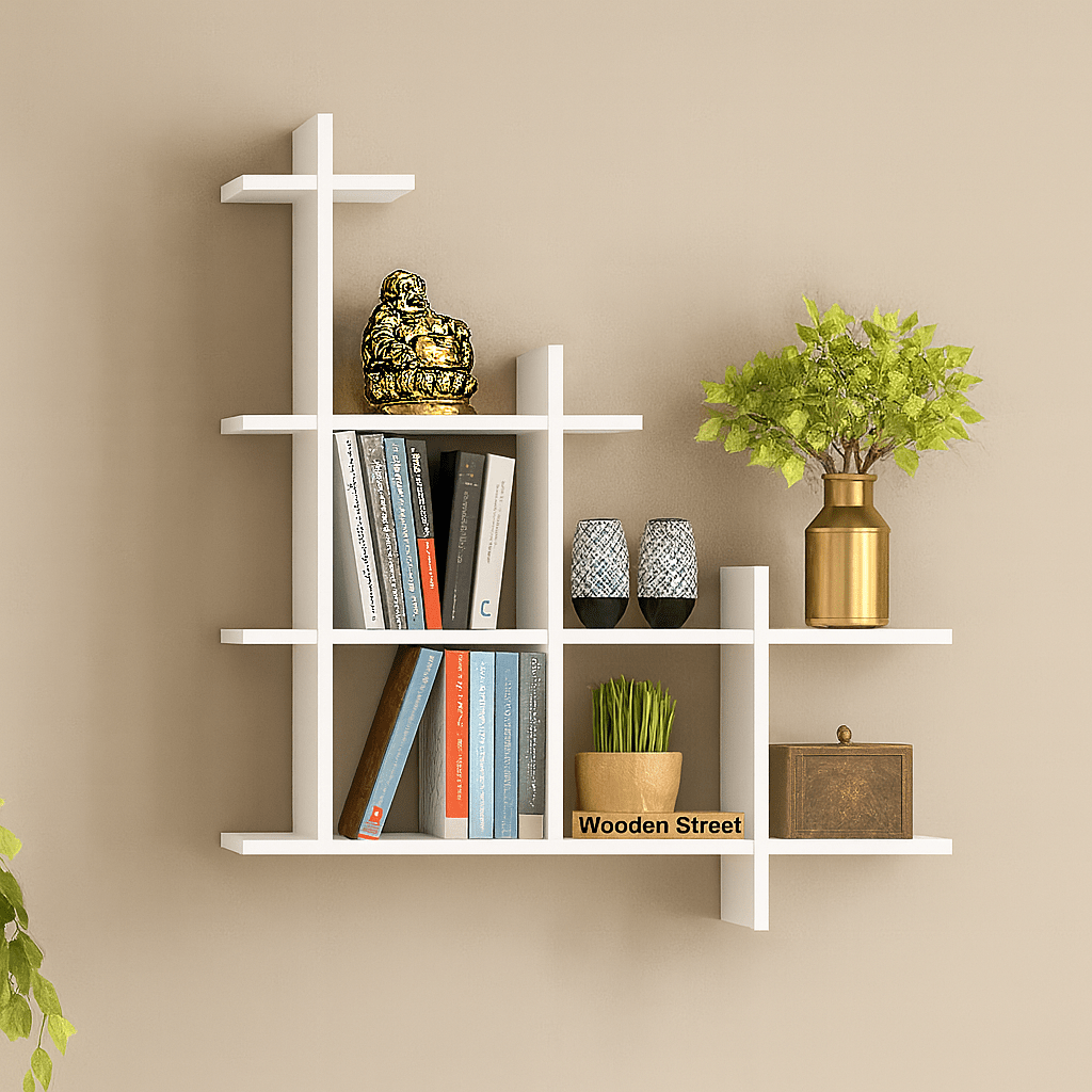 Modern Geometric Wall Bookshelf | Laminated MDF Display Rack – White, Black & Brown - Mini Wood Craft