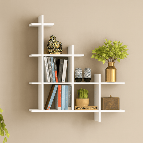 Modern Geometric Wall Bookshelf | Laminated MDF Display Rack – White, Black & Brown - Mini Wood Craft