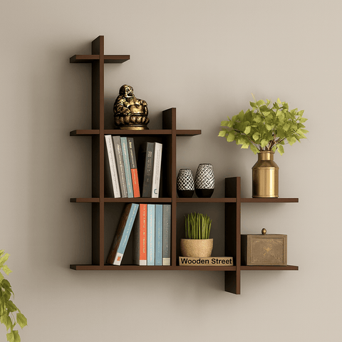Modern Geometric Wall Bookshelf | Laminated MDF Display Rack – White, Black & Brown - Mini Wood Craft