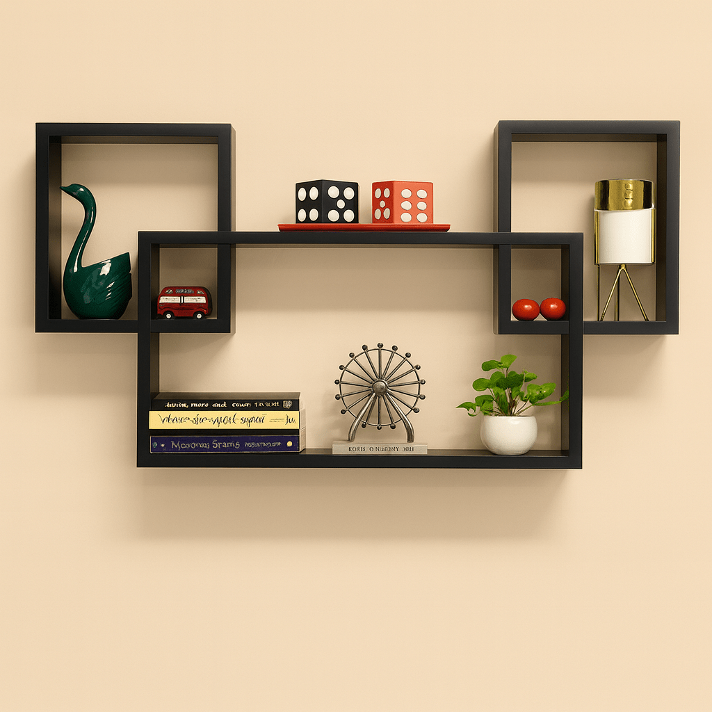 3 - Piece Geometric Wall Shelf Set | Laminated MDF Floating Display Racks – White, Black & Brown - Mini Wood Craft