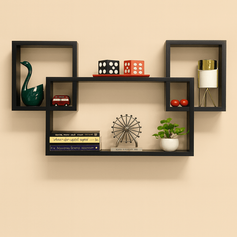 3 - Piece Geometric Wall Shelf Set | Laminated MDF Floating Display Racks – White, Black & Brown - Mini Wood Craft