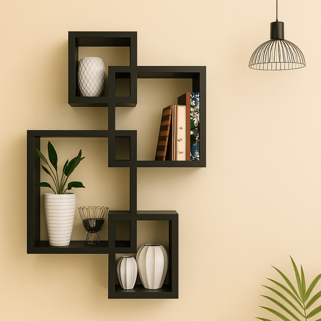 Modern Geometric Wall Shelf | Laminated MDF Floating Display Rack – White, Black & Brown - Mini Wood Craft