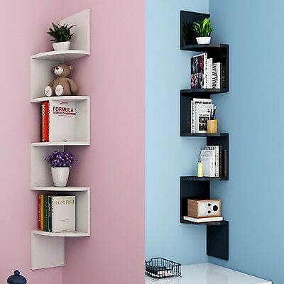 5 - Tier Corner Wall Shelf | Laminated MDF Space - Saving Display Rack – White, Black & Brown - Mini Wood Craft