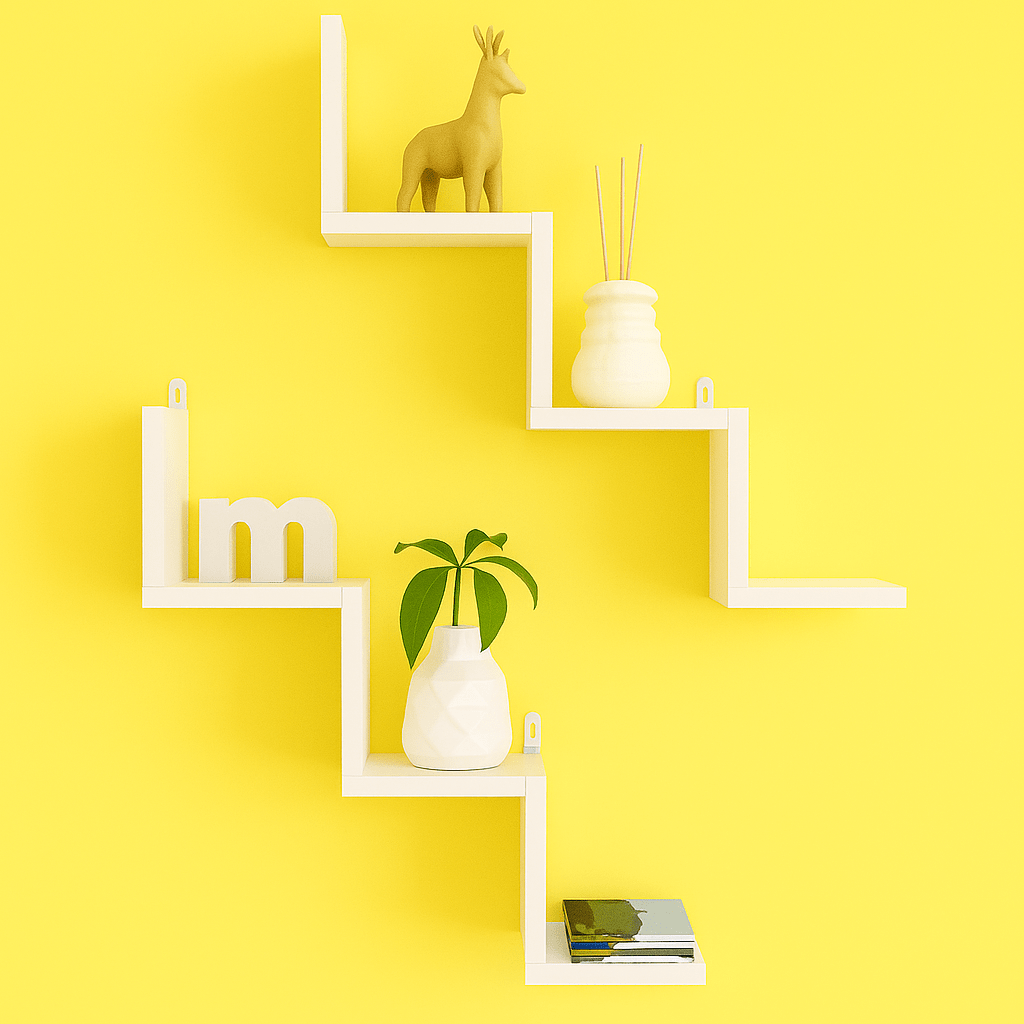 2 - Piece Zigzag Wall Shelf | Laminated MDF Floating Display Rack – White, Black & Brown - Mini Wood Craft