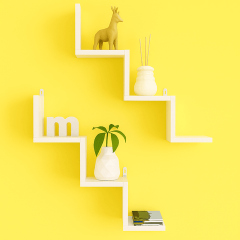 2 - Piece Zigzag Wall Shelf | Laminated MDF Floating Display Rack – White, Black & Brown - Mini Wood Craft